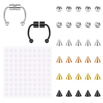 Fake Eyebrow Ring Fake Lip Labret Studs Replacement Balls Spike with 100pcs Sticker Non-Piercing Body Jewelry Fake Skin Piercing - color: E -Mix Color