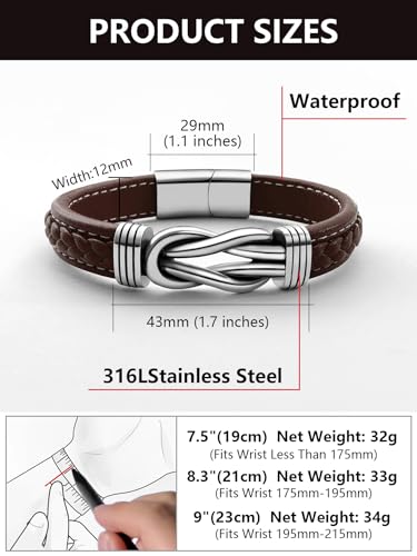 Mens Black Braided Leather Bracelet, Green/Red/Brown/Black Braided Leather Infinity Knot Bracelets for Men with Stainless Steel Clasp, 7.5/8.5/9in Length - color: 03-Brown