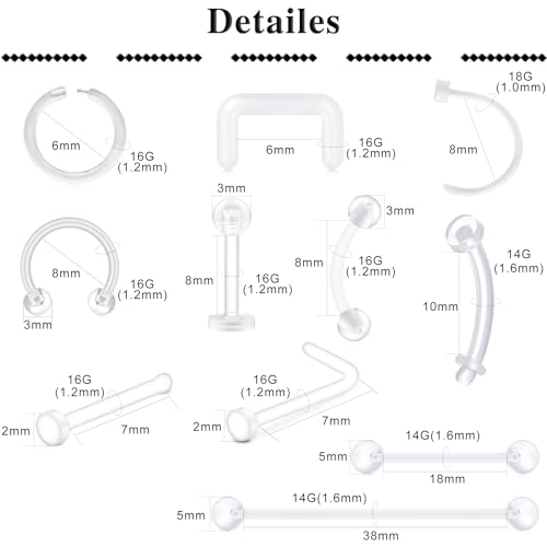 D.Bella 65pcs Mix Style Clear Piercing Retainer Flexible Lip Ear Nose Septum Eyebrow Nipple Tongue Rings Cartilage Tragus Earrings Retainer Bioflex Horseshoe Hoop Industrial Barbell - color: 65 Pcs Mix Style B