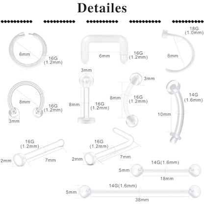 D.Bella 65pcs Mix Style Clear Piercing Retainer Flexible Lip Ear Nose Septum Eyebrow Nipple Tongue Rings Cartilage Tragus Earrings Retainer Bioflex Horseshoe Hoop Industrial Barbell - color: 65 Pcs Mix Style B