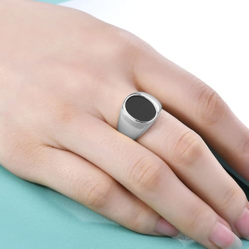 MYNENEY Stainless Steel Round Shape Classical Simple Plain Wedding Engagement Statement Pinky Band Signet Rings for Men Women Size 4-15 - color: Silver+Black