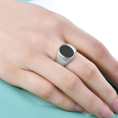MYNENEY Stainless Steel Round Statement Pinky Signet Rings for Men Women - color: Silver+Black