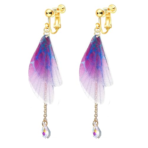 Clip on Crystal Butterfly Wing Drop Dangle Earrings for Women, Non Pierced, Multicolored Moth Butterfly Earrings, Pearl Tassel Jewelry Pink Blue Green - color: Purple B