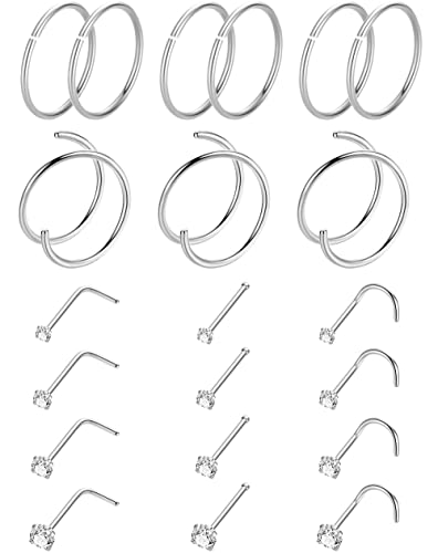 21PCS 18G 20G 22G 316L Stainless Steel Nose Rings Hoop for Women Men Double Nose Ring CZ Nose Stud Piercing Jewelry - color: 20G-Sliver tone