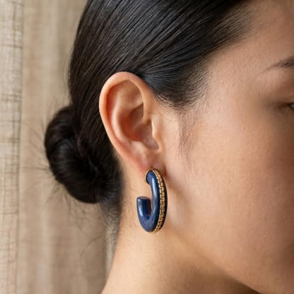 Gold Plated Resin Chunky Hoop Earrings Hypoallergenic Push Back Hoops for Sensitive Ears - color: Deep Blue