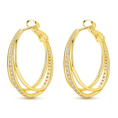 Parmuz 925 Sterling Silver Earrings Hoops for Women Ladies Simple Lightweight Twisted Medium Hoop Earrings With Cubic Zirconia Hypoallergenic Jewelry for Her - color: Gold