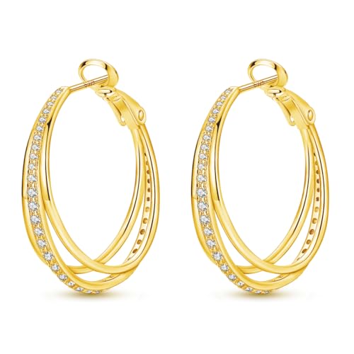 Parmuz 925 Sterling Silver Earrings Hoops for Women Ladies Simple Lightweight Twisted Medium Hoop Earrings With Cubic Zirconia Hypoallergenic Jewelry for Her - color: Gold