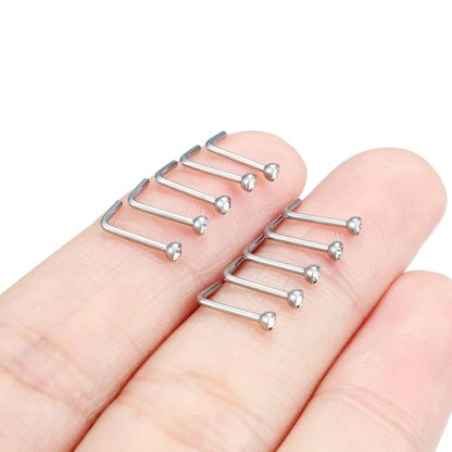 Hoeudjo Nose Studs Surgical Steel Cubic Zirconia Nose Rings Kit for Women Men Tiny Nose Stud Bone & Screw & L Shaped Nostril Piercing Jewelry 18/20/22/24 Gauge 10 Pieces - color: silver-tone,L-shaped nose studs, size: 20g/2mm clear CZ
