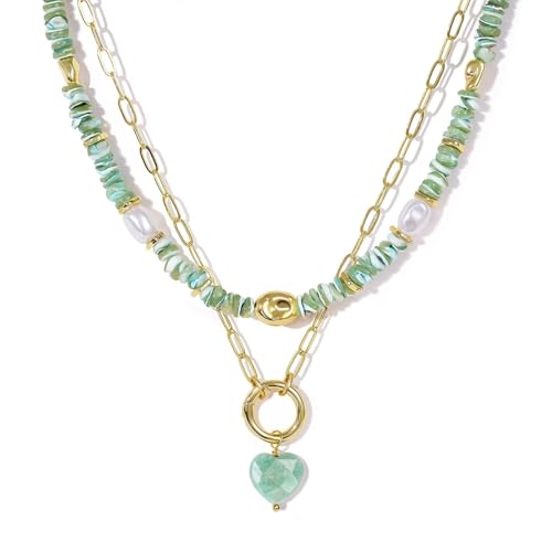 KissYan Beaded Necklaces for Women, Layered Pendant Choker for Summer | Stackable Colorful Natural Gemstone Handmade Beach Charm Chain Valentine's Jewelry Gifts For Girlfriend Wife Lover - style: Green Heart