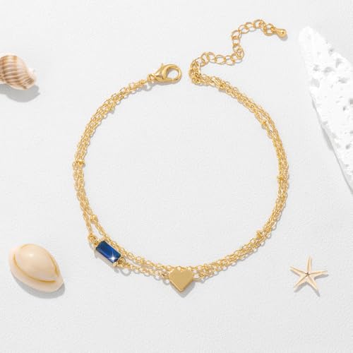 Birthstone Anklet with Heart Charm Layer Ankle Bracelet for Women, 14K Gold Plated Adjustable Chain Stackable Trendy Jewelry Gift for Her, Mom, Friend, Wife - style: 9-September