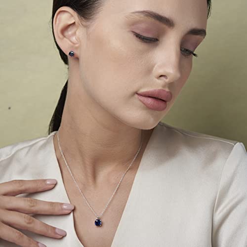 MAX + STONE 14k Gold Plated or Sterling Silver Cushion Cut Gemstone Stud Earrings and Pendant Necklace for Women with 6mm and 8mm Birthstones 18 Inch Chain and Push Backs Jewelry Set - style: Sterling Silver|Created Blue Sapphire