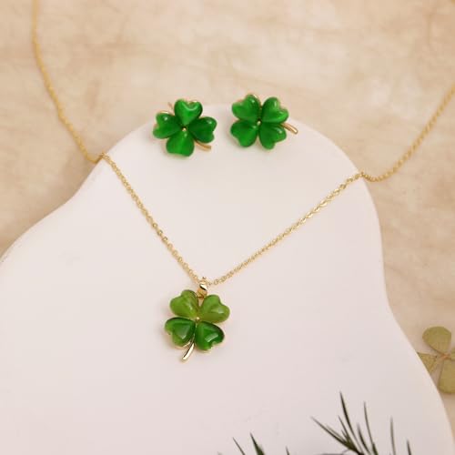 Gold Silver Stud Earrings Pendent Necklace Sets for Women, Dainty Rhinestone Crystal Necklace Earing Jewelry Set Wedding Accessories Fashion Holiday Gift - color: Green Four Leaf Clover St. Patrick's Day