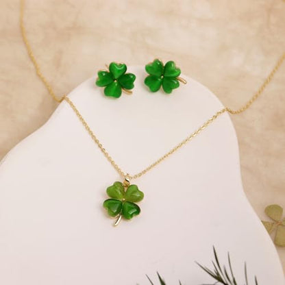Gold Silver Stud Earrings Pendent Necklace Sets for Women, Dainty Rhinestone Crystal Necklace Earing Jewelry Set Wedding Accessories Fashion Holiday Gift - color: Green Four Leaf Clover St. Patrick's Day