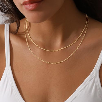Turandoss Gold Layered Necklaces for Women Dainty 14K Gold Plated Chain Set | Stack Cuban Link Chain Necklace Personalized Lip Satellite Flat Curb Link Necklaces for Women Trendy Set - color: Link/Satellite Chain