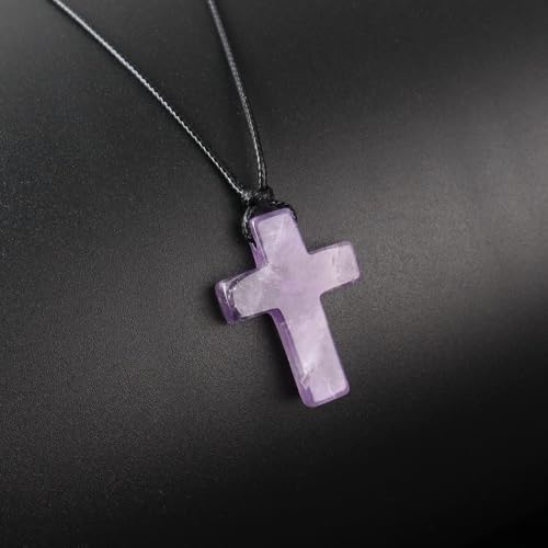 FANASY Natural Gemstone Pendant Necklace for Men Healing Crystal Pendant Adjustable Black Rope Necklace Jewelry Gifts for Women Men - color: X- Cross Amethyst