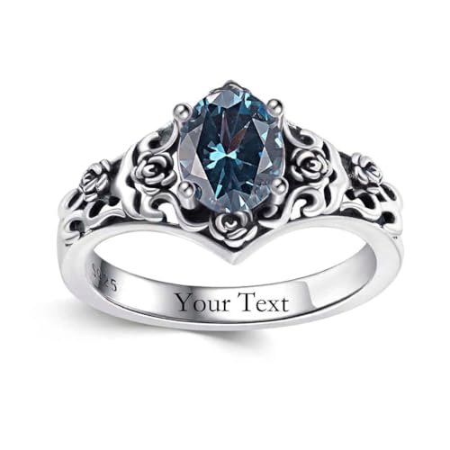 1 CT Oval Cut Gemstone Vintage Filigree Ring 925 Sterling Silver Retro Rose Teardrop Birthstone Statement Ring Anniversary Jewelry Gifts for Women Ring Size 4-13 - color: London Blue