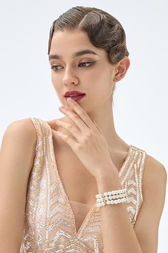 BABEYOND 1920s Flapper Imitation Pearl Bracelet Great Gatsby Pearl Bracelet Roaring 20s Accessories Jewelry Set - style: 3layer-gold