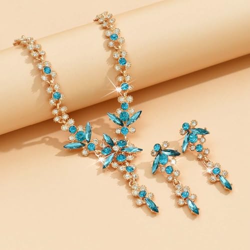 Wedding Jewelry Sets for Brides Rhinestone Necklace and Earring Set Bracelet Ring Gold Silver Prom Jewelry Sets Diamond Flower Teardrop Necklace for Women - color: Style5-Blue