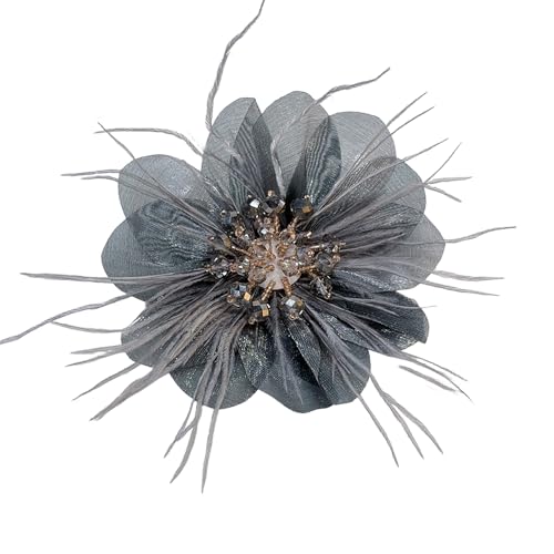 4" Crystal Feather Flower Brooch Pin for Women Girls Dainty Bright Satin Rhinestone Floral Brooches Lapel Hair Pins Elegant Wedding Cocktail Prom Party Hat Bag Suit Clothing Dress Accessories Jewelry Gift - color: Grey