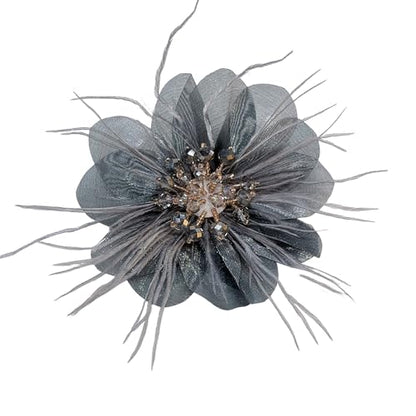 4" Crystal Feather Flower Brooch Pin for Women Girls Dainty Bright Satin Rhinestone Floral Brooches Lapel Hair Pins Elegant Wedding Cocktail Prom Party Hat Bag Suit Clothing Dress Accessories Jewelry Gift - color: Grey