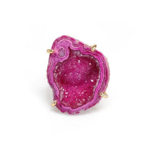 Elegant Geode Druzy Gemstone Statement Ring for Women, Adjustable Ring, Gold Plated Stone Size 20-25mm - color: Pink, style: 1