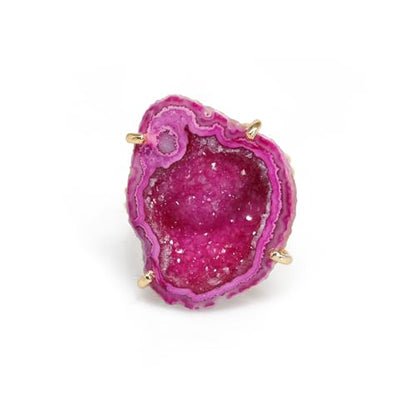Elegant Geode Druzy Gemstone Statement Ring for Women, Adjustable Ring, Gold Plated Stone Size 20-25mm - color: Pink, style: 1