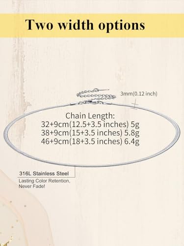 ChainsHouse Flat Snake Chain Herringbone Choker Necklace for Women, Stainless Steel/Rose Gold/18K Gold Plated Dainty Adjustable Simple Short Layered Necklaces, 12"/15"/18" with 3.5" Extender - color: a. stainless-3mm