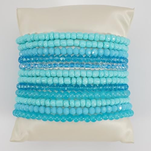 Bohemian Multilayer Beaded Stackable Stretch Bracelets for Women Colorful Crystal Glass Resin Seed Beads Elastic Wristbands BFF Friendship Summer Beach Hawaii Jewelry - color: Blue