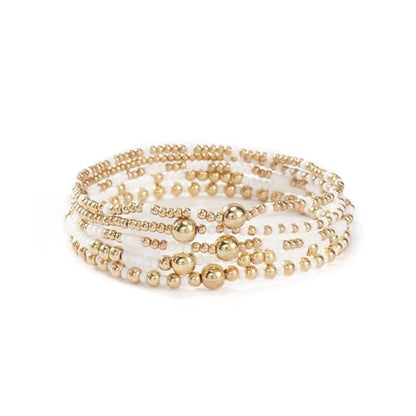 Gold Small Ball Seed Bead Stackable Bracelets Set For Women, Stretch Accessories Handmade Dainty, Daily Party Friendship Gift - color: White