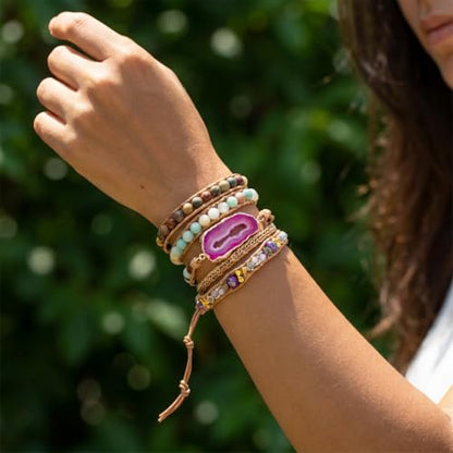 YGLINE Natural Stone Beaded Healing Wax String 5 Wraps Bracelets - color: agate 2