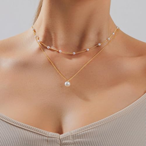 Pearl Necklace for Women, Dainty Pearls Choker Necklace for Women 14K Gold Plated Layered Pendant Necklace Handmade Gold Chain Necklace Everyday Jewelry Gift - color: Layered Satellite Pearl-Gold