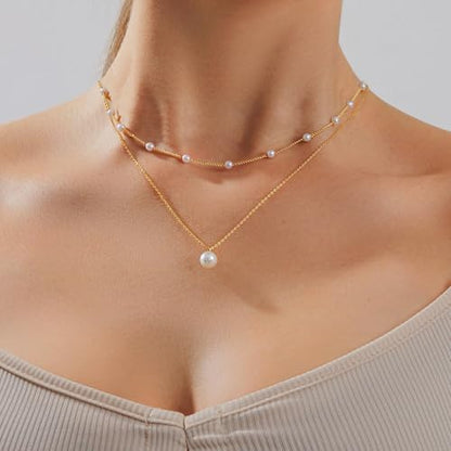 Pearl Necklace for Women, Dainty Pearls Choker Necklace for Women 14K Gold Plated Layered Pendant Necklace Handmade Gold Chain Necklace Everyday Jewelry Gift - color: Layered Satellite Pearl-Gold