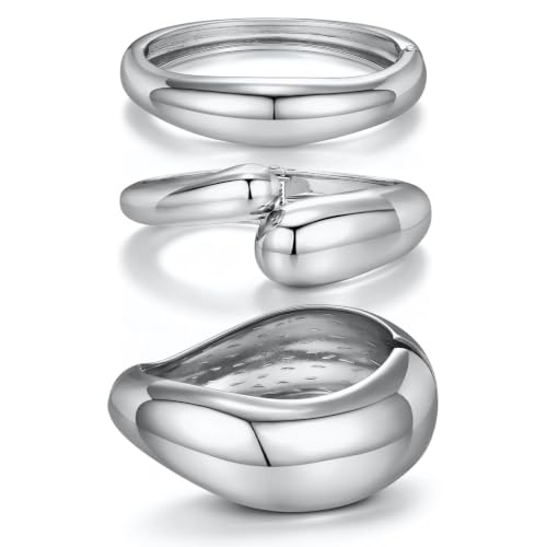 Chunky Gold Bangle Bracelets for Women Trendy 14K Gold Plated Cuff Bracelets Stack, Dainty Gold Bracelet Sets Non Tarnish Fashion Jewelry Gift - style: Silver-3pc-009