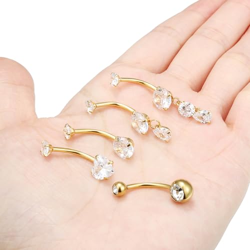 Vsnnsns 14G Dangle Belly Button Ring Piercing Jewelry 316L Stainless Surgical Steel Round Heart Cubic Zirconia Navel Rings Dangling Belly Button Ring Piercing Jewelry for Women 14 Gauge Hypoallergenic - color: Gold-16MM Bar-Clear CZ