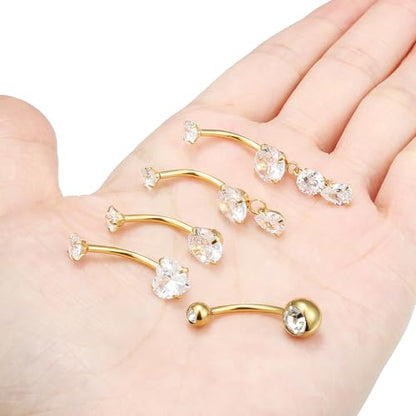 Vsnnsns 14G Dangle Belly Button Ring Piercing Jewelry 316L Stainless Surgical Steel Round Heart Cubic Zirconia Navel Rings Dangling Belly Button Ring Piercing Jewelry for Women 14 Gauge Hypoallergenic - color: Gold-16MM Bar-Clear CZ