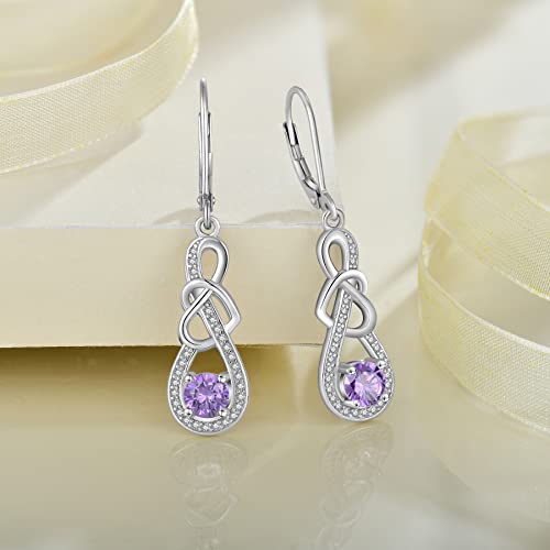 Dangle Drop Earrings for Women 925 Sterling Silver Heart Infinity Leverback Earrings Birthstone Jewelry Gifts for Women Wife Girlfriend Mother Daughter Her - color: 02 February - Amethyst