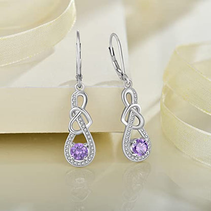 Dangle Drop Earrings for Women 925 Sterling Silver Heart Infinity Leverback Earrings Birthstone Jewelry Gifts for Women Wife Girlfriend Mother Daughter Her - color: 02 February - Amethyst