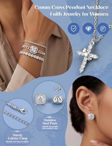 Jewelry Set for Women, 7 Pcs Necklace Earrings Bracelet Set | Crown Cross Necklace,CZ Stud Earrings,Layered Bracelets,Accessories,Adjustable Jewelry,Wedding and Daily Wear,Gold & Silver - color: SILVER