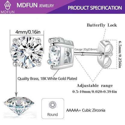 18K White/Yellow Gold Plated Stud Earrings for Men Women 4 Prong Graduated Round Clear Cubic Zirconia Hypoallergenic Earrings Set 3-8MM - color: White Gold Plated, size: 4MM