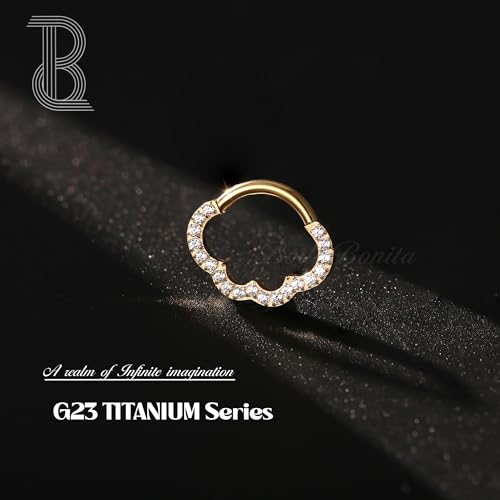 BodyBonita 16G Cloud Hinged Septum Rings - G23 Titanium Nose Rings Hoops Clicker Septum Jewelry CZ Nose Piercings Helix Tragus Rook Daith Earrings for Women Men Silver/14K Gold Plated 8mm - color: Gold-Cloud Shape