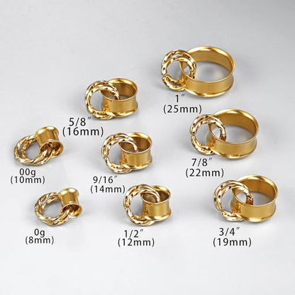 1 Pair Basic gauges+2 twisty rings Ear Tunnels Plugs 316 Stainless Steel Ear Gauges Weight Saddle Plugs Hypoallergenic expander Piercing Body Jewelry 00g 0g-1'' - color: Twisty-Gold, size: 8 mm