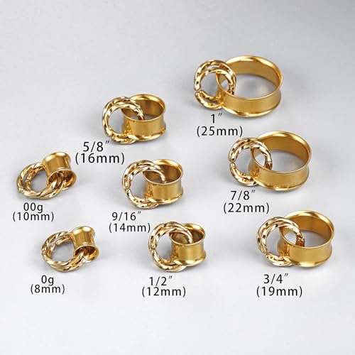 1 Pair Basic gauges+2 twisty rings Ear Tunnels Plugs 316 Stainless Steel Ear Gauges Weight Saddle Plugs Hypoallergenic expander Piercing Body Jewelry 00g 0g-1'' - color: Twisty-Gold, size: 16 mm