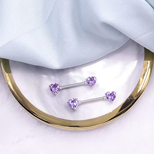 HQLA 14G Dainty CZ Love Heart Nipple Rings Tongue Ring Surgical Steel Nipple rings Piercing Women Barbells 2Pcs 25/8"(16mm) - style: Silver - Style A - Purple Heart CZ