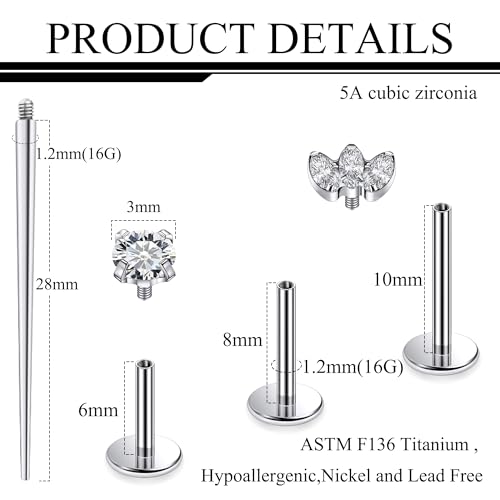 Titanium Flat Back Lip Rings Internally Threaded Earrings Studs Nose Rings 16G Opal CZ Tragus Cartilage Lobe Rook Helix Conch Labret Medusa Piercing Jewelry for Women Men W Piercing Taper Set - style: Three CZ