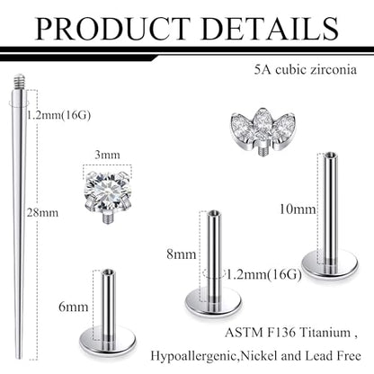 Titanium Flat Back Lip Rings Internally Threaded Earrings Studs Nose Rings 16G Opal CZ Tragus Cartilage Lobe Rook Helix Conch Labret Medusa Piercing Jewelry for Women Men W Piercing Taper Set - style: Three CZ