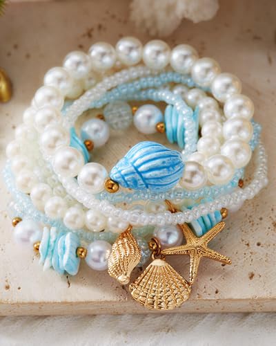 Shell Bracelets for Women Layered Seashell Starfish Bracelets Stackable Stretch Boho Beaded Bracelet Summer Beach Surfer Bracelet Seaside Beach Dress Outfits Accessories - color: B5:blue shell bracelets