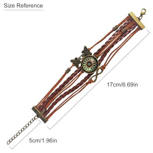 Adjustable Yoga Mandala Bracelet – Women’s Handmade Boho Braided Faux Leather Jewelry with Butterfly Charm