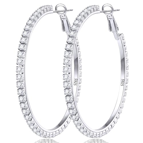3mm 925 Sterling Silver Big Cubic Zirconia Hoop Earrings for Women Large Rhinestone Hoop Earrings 14K Gold Plated Hypoallergenic Lightweight 30mm/40mm/50mm/60mm - color: Silver-50mm