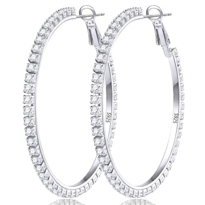 3mm 925 Sterling Silver Big Cubic Zirconia Hoop Earrings for Women Large Rhinestone Hoop Earrings 14K Gold Plated Hypoallergenic Lightweight 30mm/40mm/50mm/60mm - color: Silver-50mm