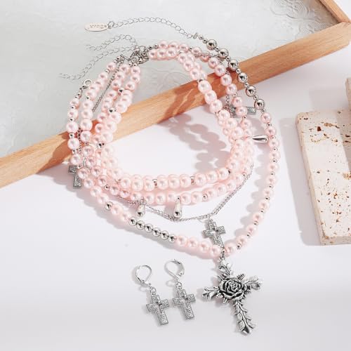 Bocar Gothic Cross Layered Pearl Necklace Chunky Statement Stacked Necklace Y2K Silver Layered Necklace for Women (NK-10769) - color: Pink